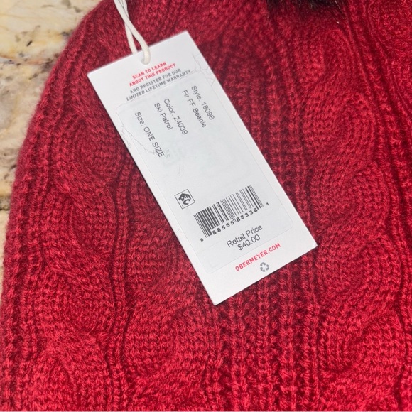 Obermeyer Red Cable Knit Beanie with Black Pom-Pom - Picture 4 of 6